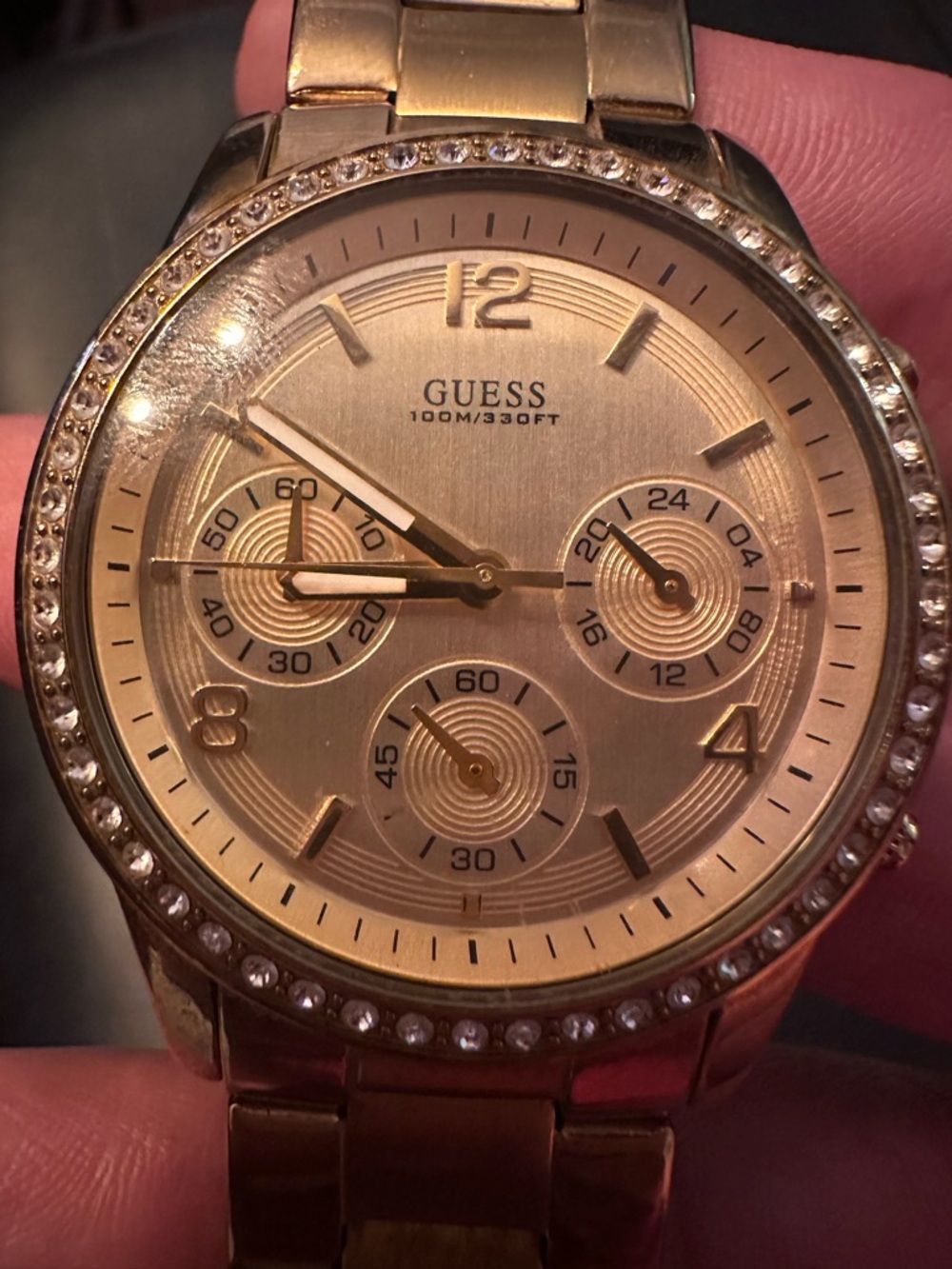 GUESS Gold-Tone Crystal Bezel Multi-Function Women's Watch